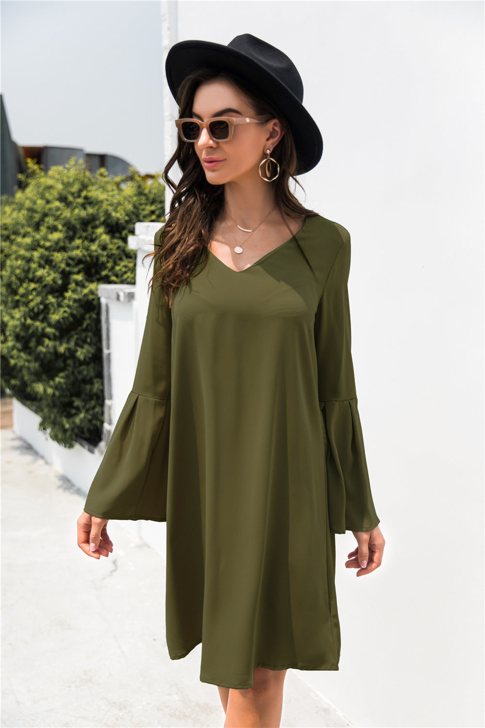 Monica Trumpet Sleeve V Neck Dress