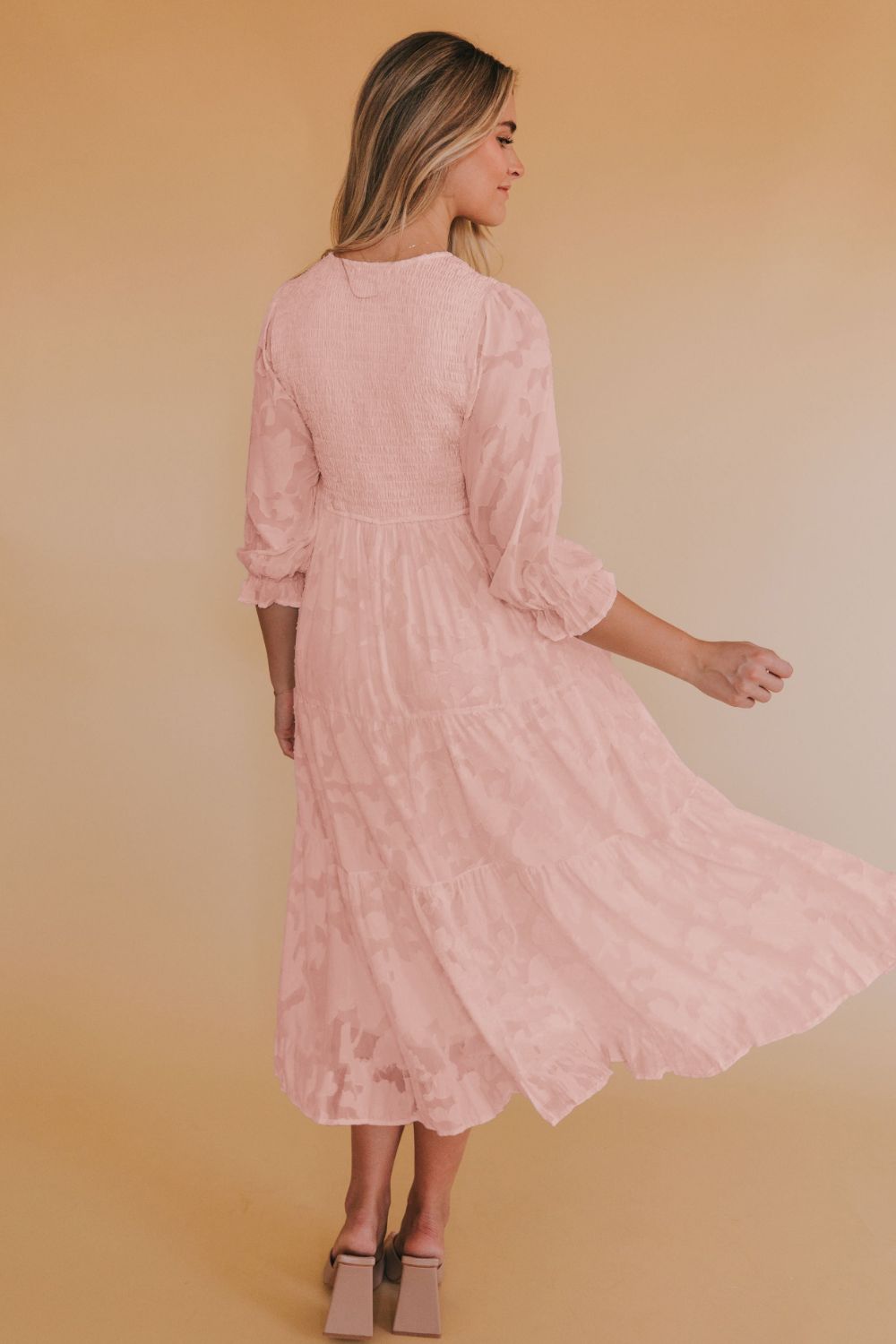 Smocked V-Neck Flounce Sleeve Dress