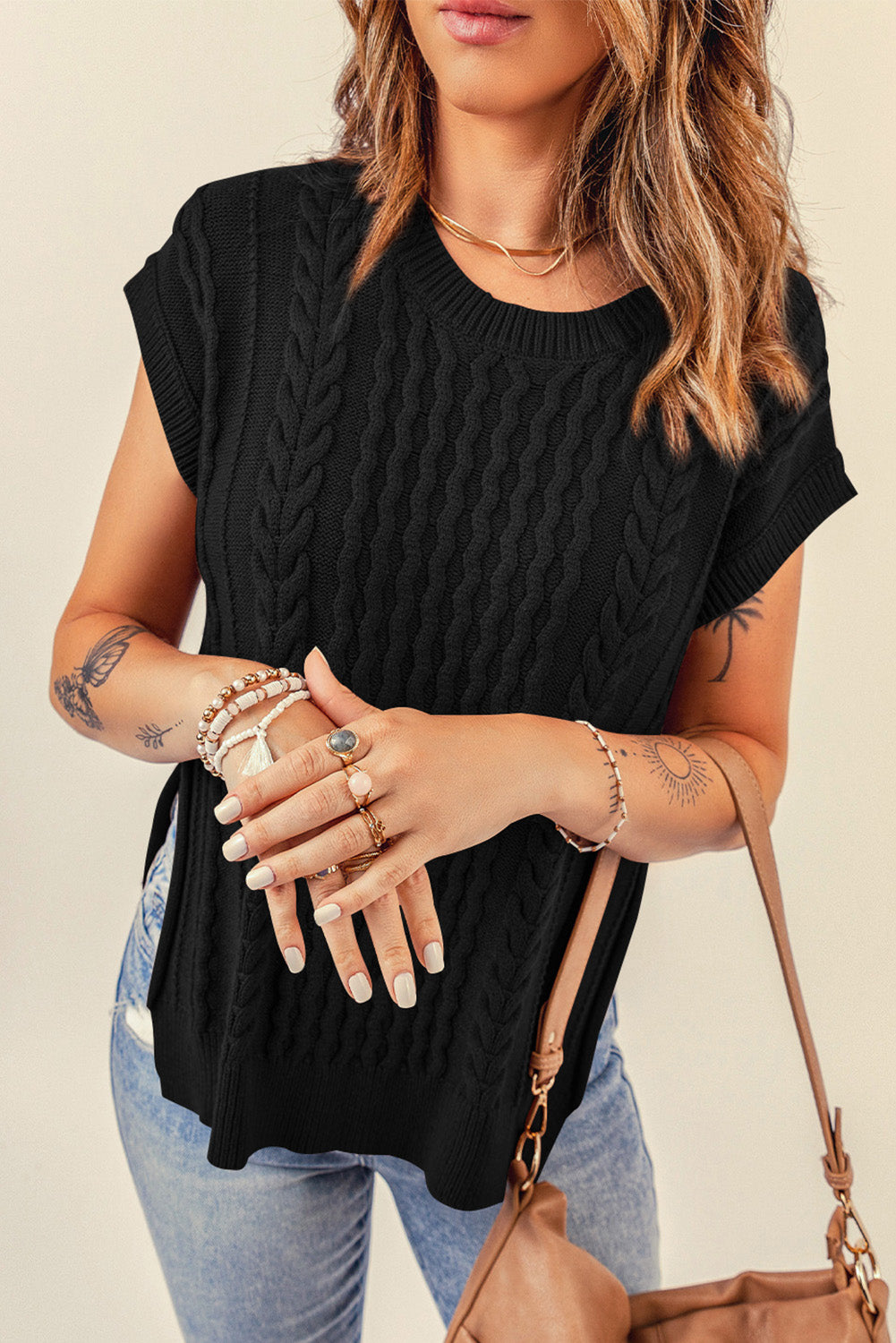 Everly Cable-Knit Side Slit Sweater Vest