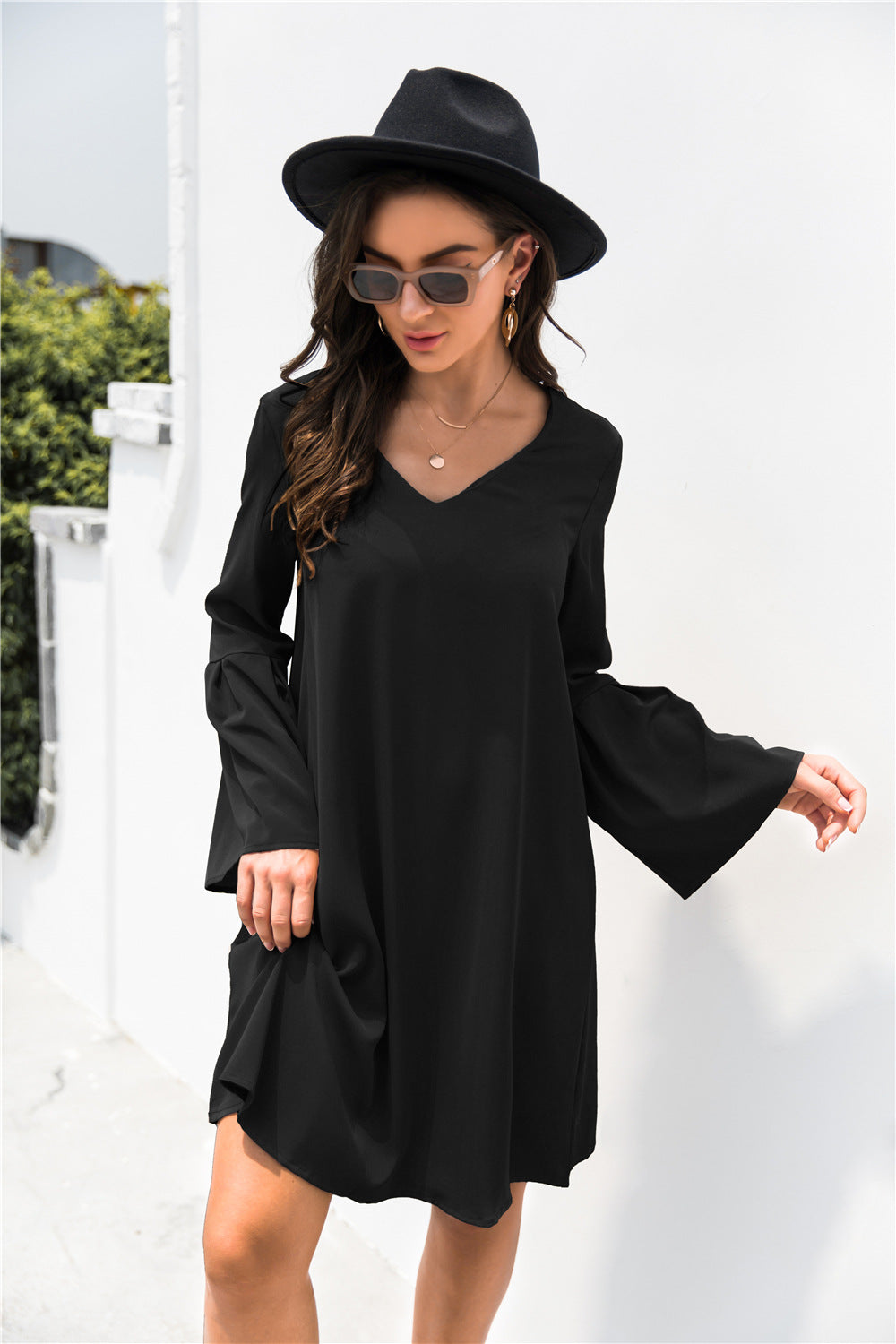 Monica Trumpet Sleeve V Neck Dress