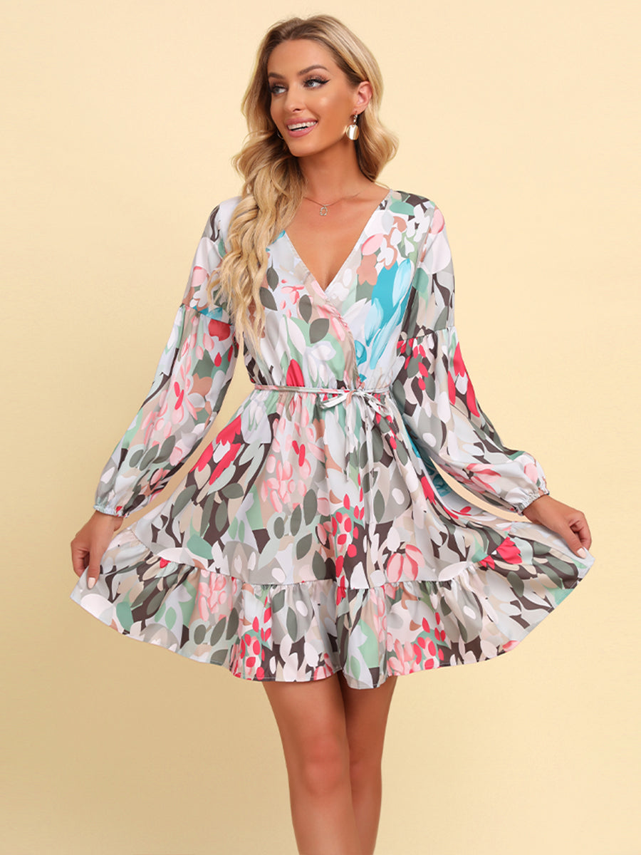 Full Size Printed Tie-Waist Puff Sleeve Surplice Dress