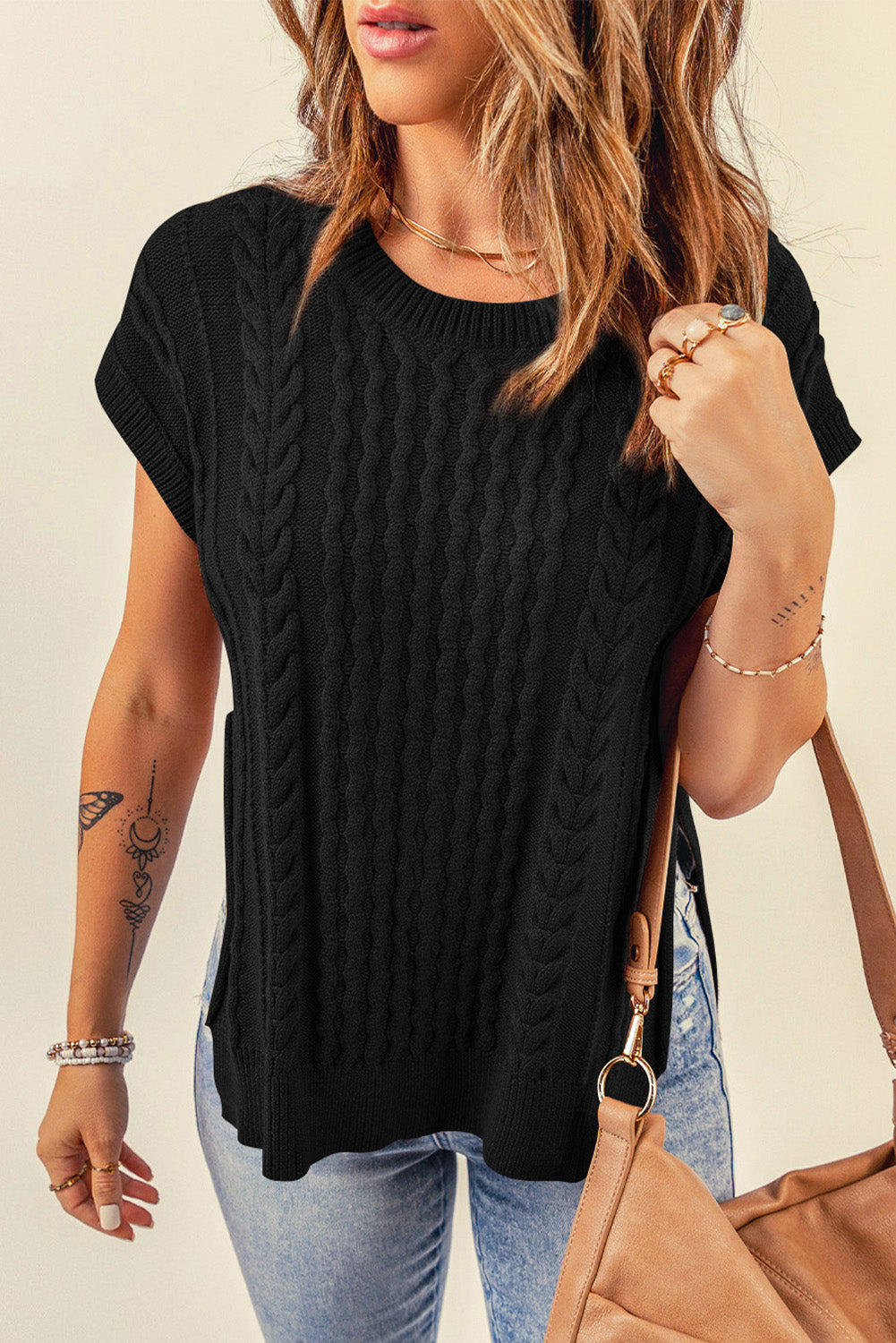 Everly Cable-Knit Side Slit Sweater Vest