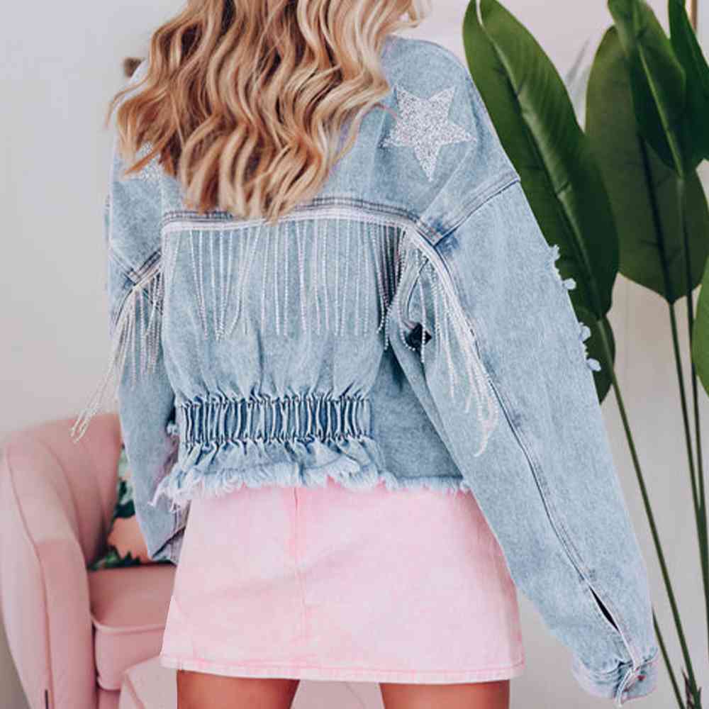 Distressed Raw Hem Denim Jacket