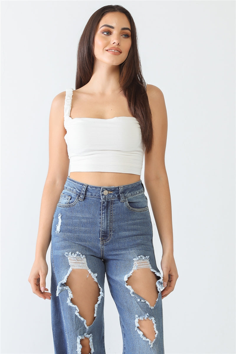 Ivory Textured Self-tie Open Back Sleeveless Crop Top